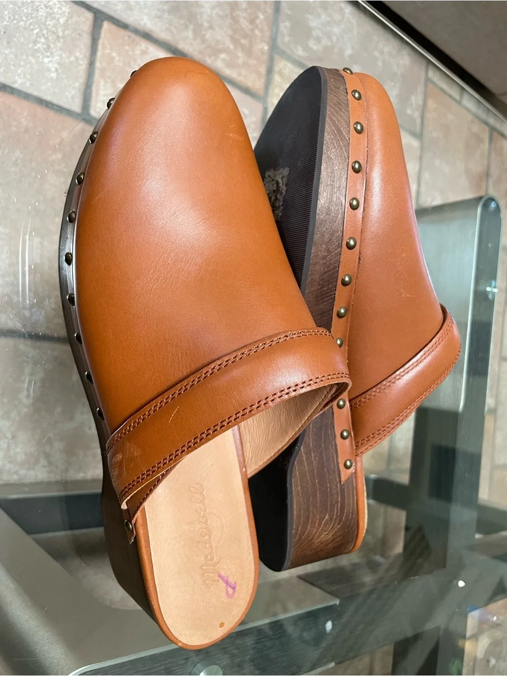 Madewell Cognac Leather Studded Clog Mules - Picture 4 of 7